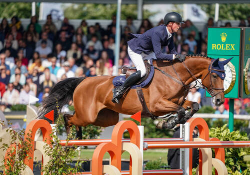 Ben Maher (GBR) riding Dallas Vegas Batilly during the Brussels Stephex Masters on August 27, 2023 in Brussels, Belgium. (Photo by Pierre Costabadie/Icon Sport)